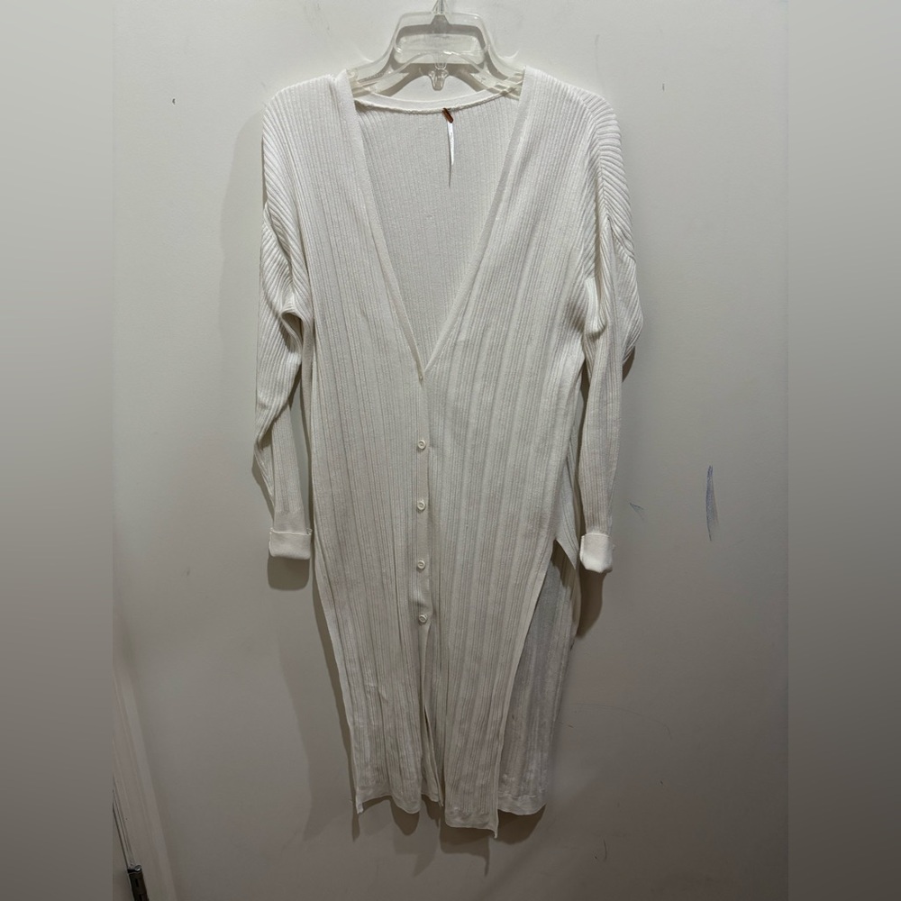 Free People Long Cream Ribbed Button-Front Cardigan - Picture 4 of 9